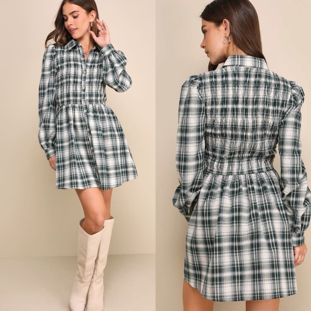 Lulus | Sweetest Mood Green Plaid Smocked Mini Dress With Pockets